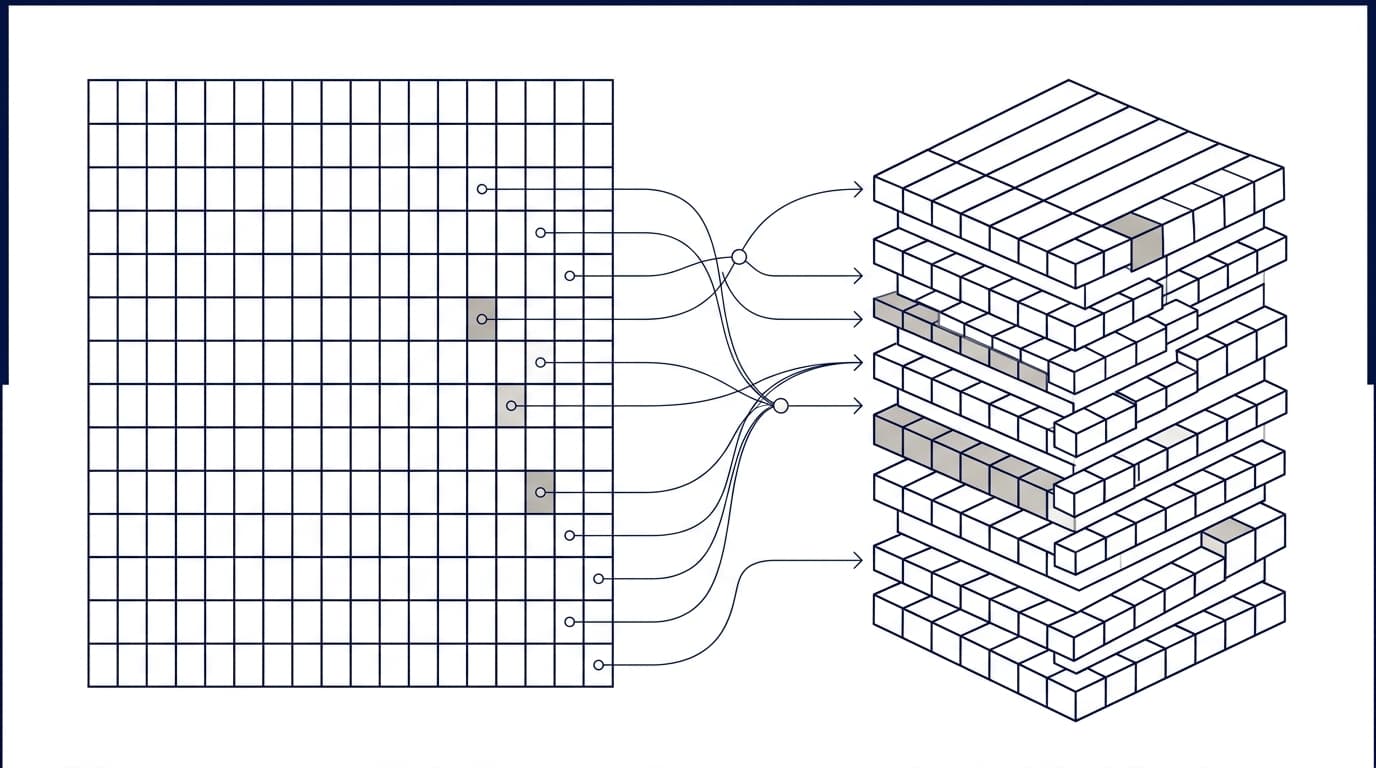 A diagram building up costs by stacking cells in a grid