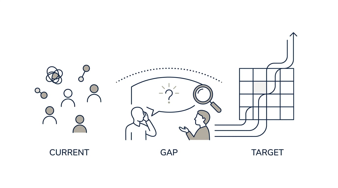 A diagram for discovery that finds the gap between the current and ideal state