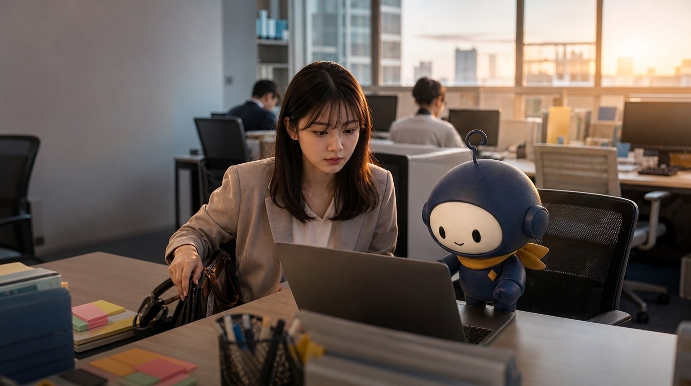 3D IPRO-kun supporting an employee in the office at sunset