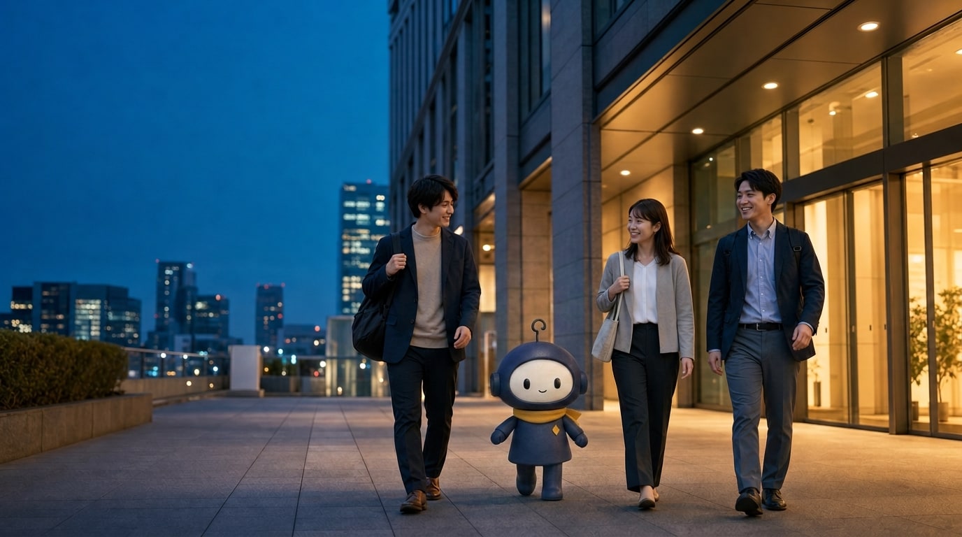 3D IPRO-kun walking through an office district at night with employees