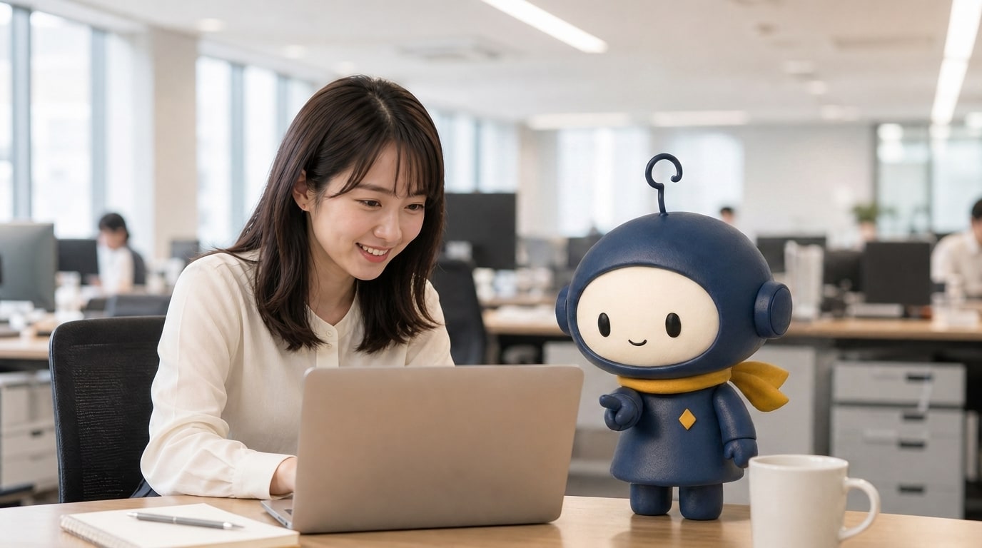3D IPRO-kun pointing at a laptop while helping an employee