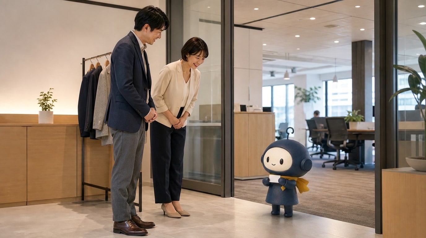 3D IPRO-kun greeting employees on his first day at the office