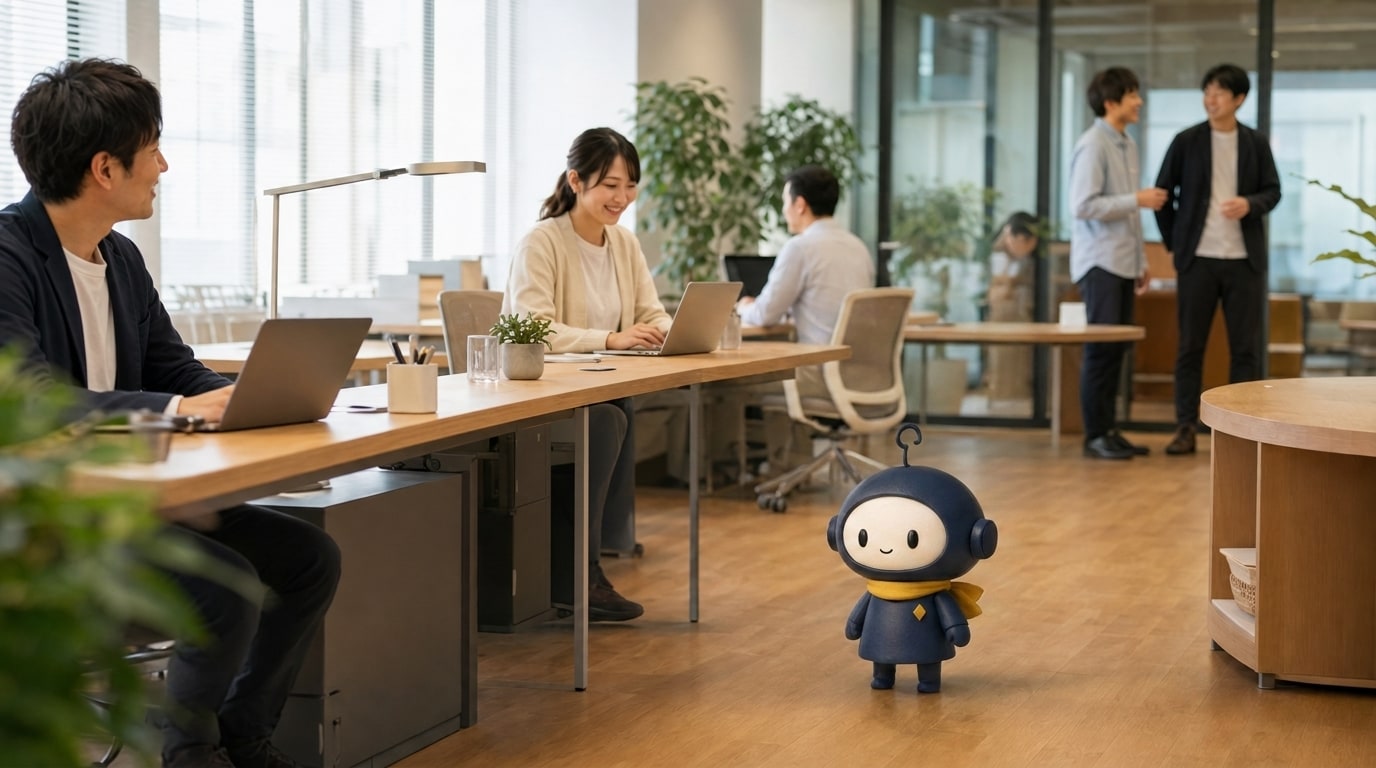 3D IPRO-kun working alongside employees in a bright office