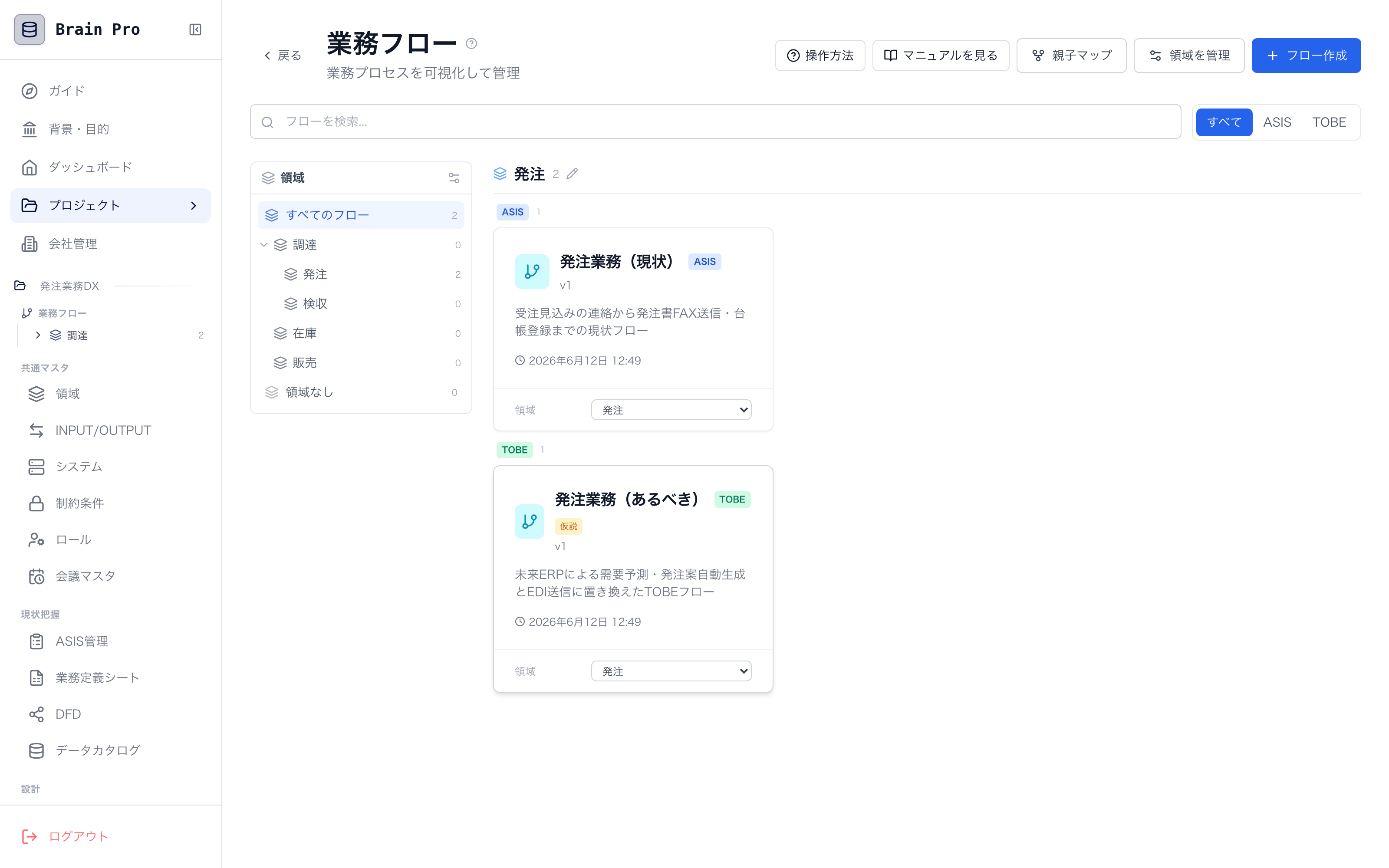 Business workflow list screen. Manage AS-IS/TO-BE flows per project