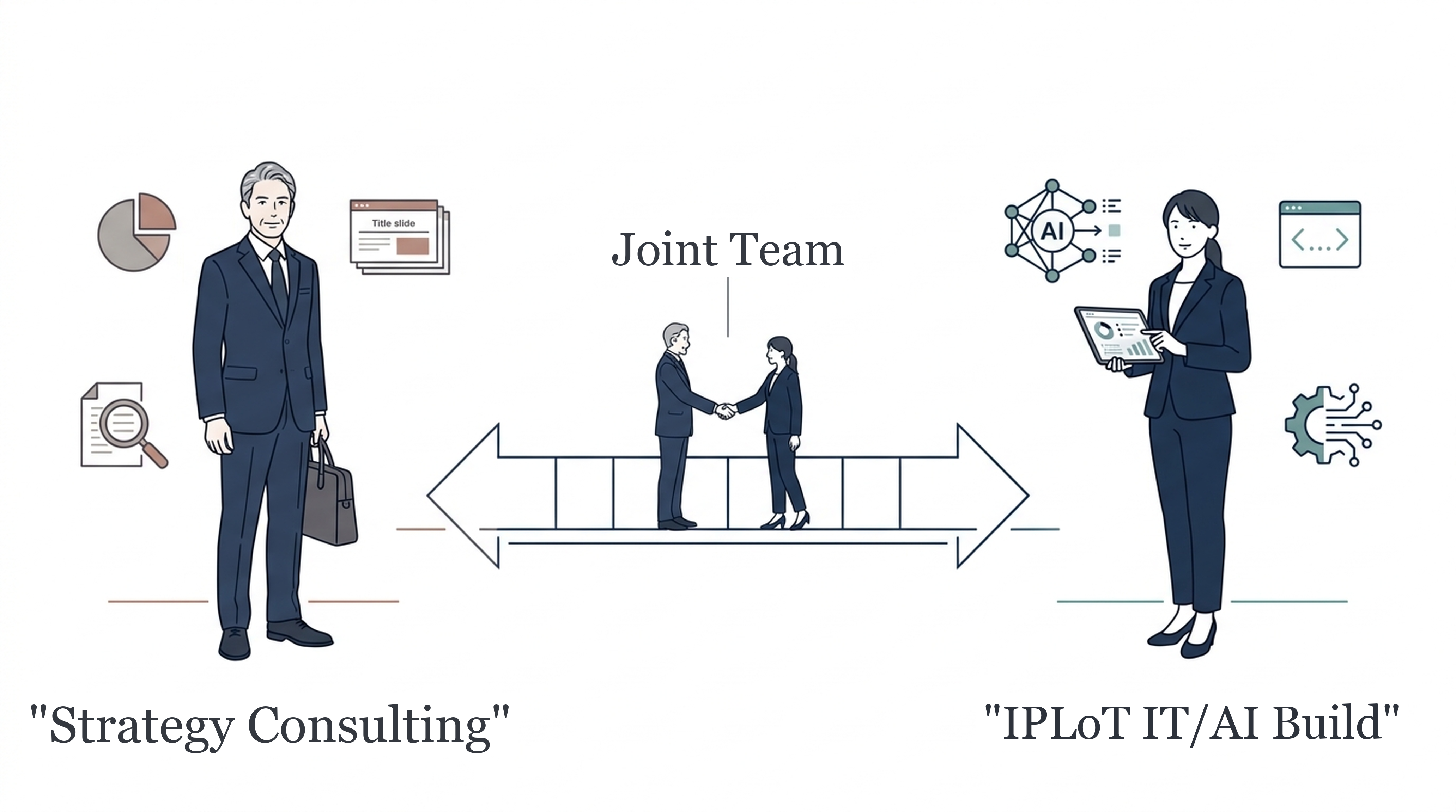 Strategy/business consulting × IPLoT's IT/AI implementation: hands-on support as a joint team